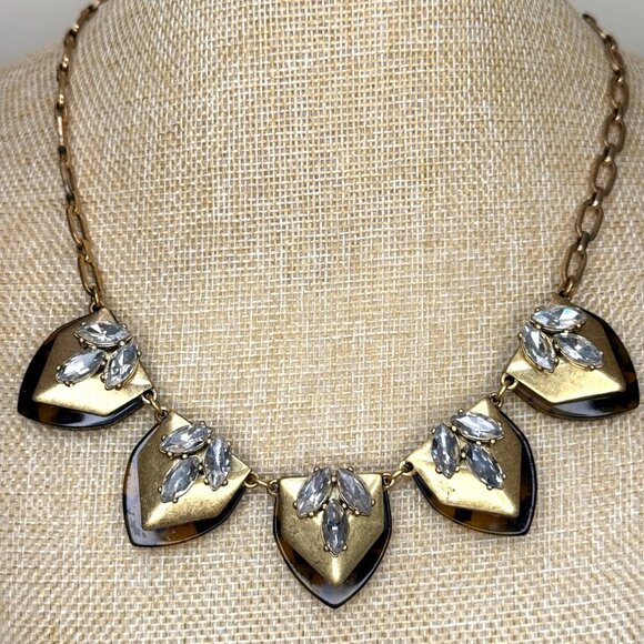 J.Crew Statement Necklace Gold & Black Leaf Design W/ Clear Rhinestones Adjustab - Picture 1 of 7